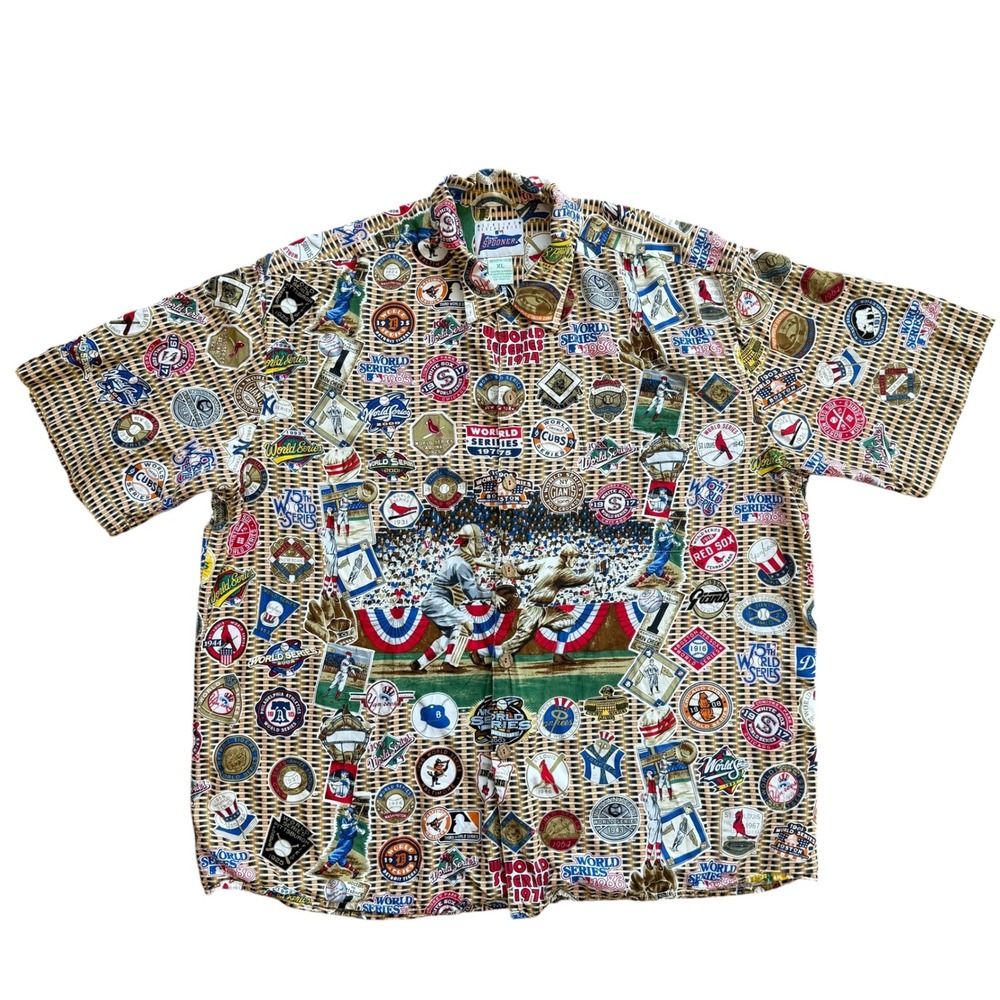 Reyn Spooner MLB World Series History Hawaiian Shirt Mens XL Rayon Baseball Tan